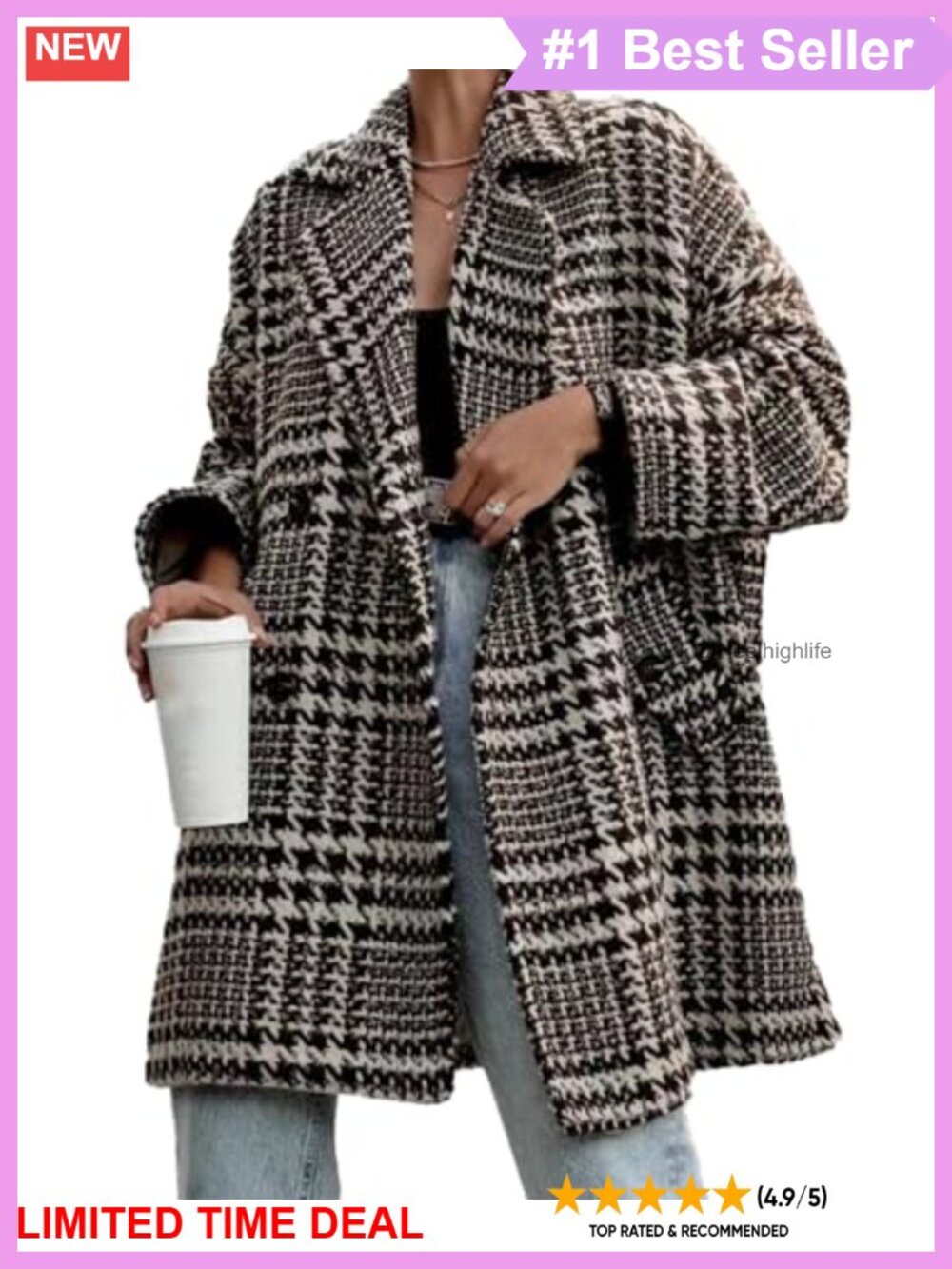 Wool Blend Houndstooth Double Breasted Pea Coat Notch Lapel Mid Long
